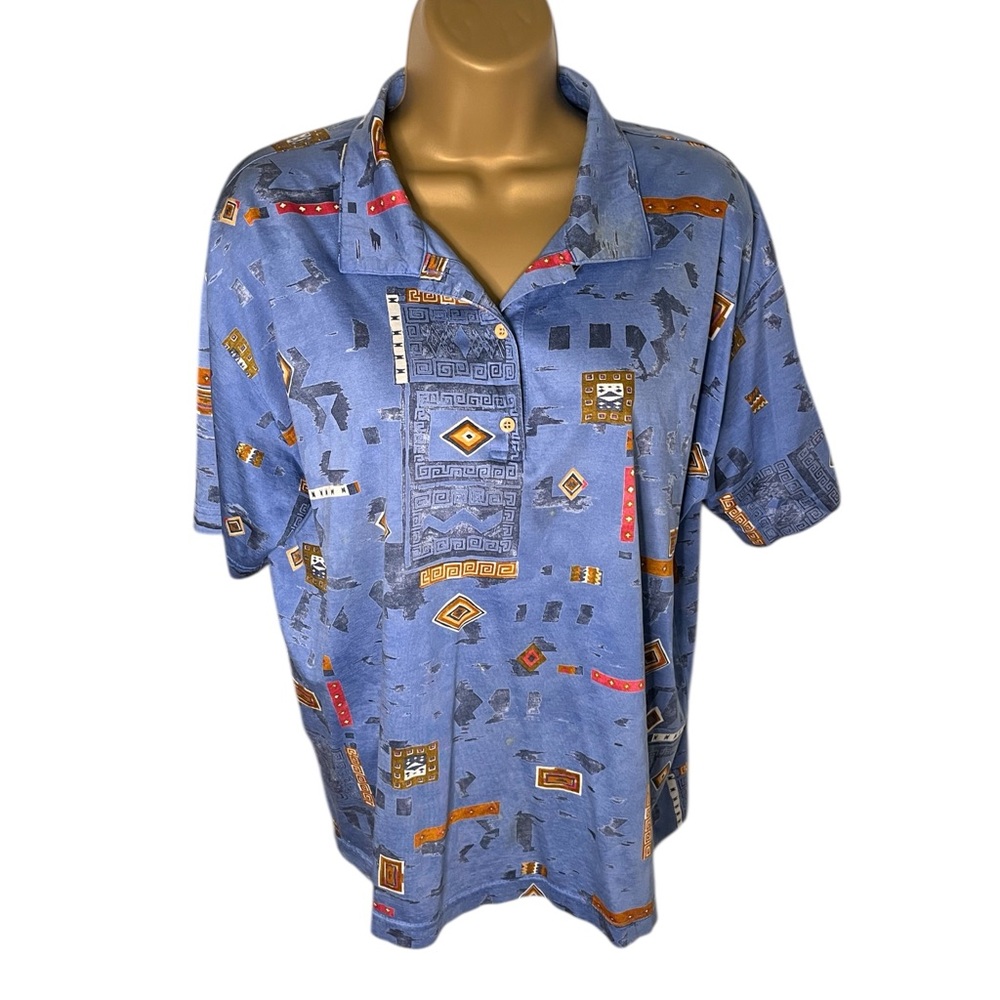 Vtg 80s 90s Tail Polo Shirt Abstract Geometric Print Made in USA Blue XL